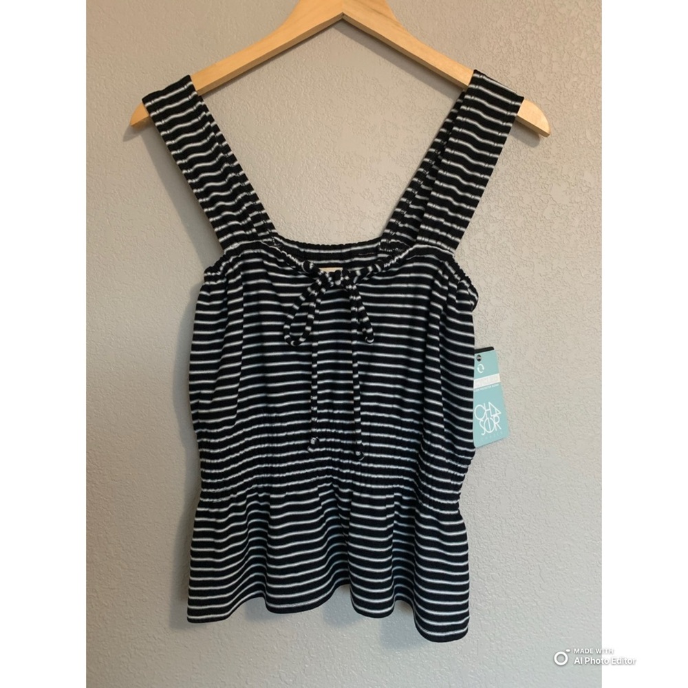 Chaser Size Large Square Neck Drawstring Tank Top Black & White Stripe NWT